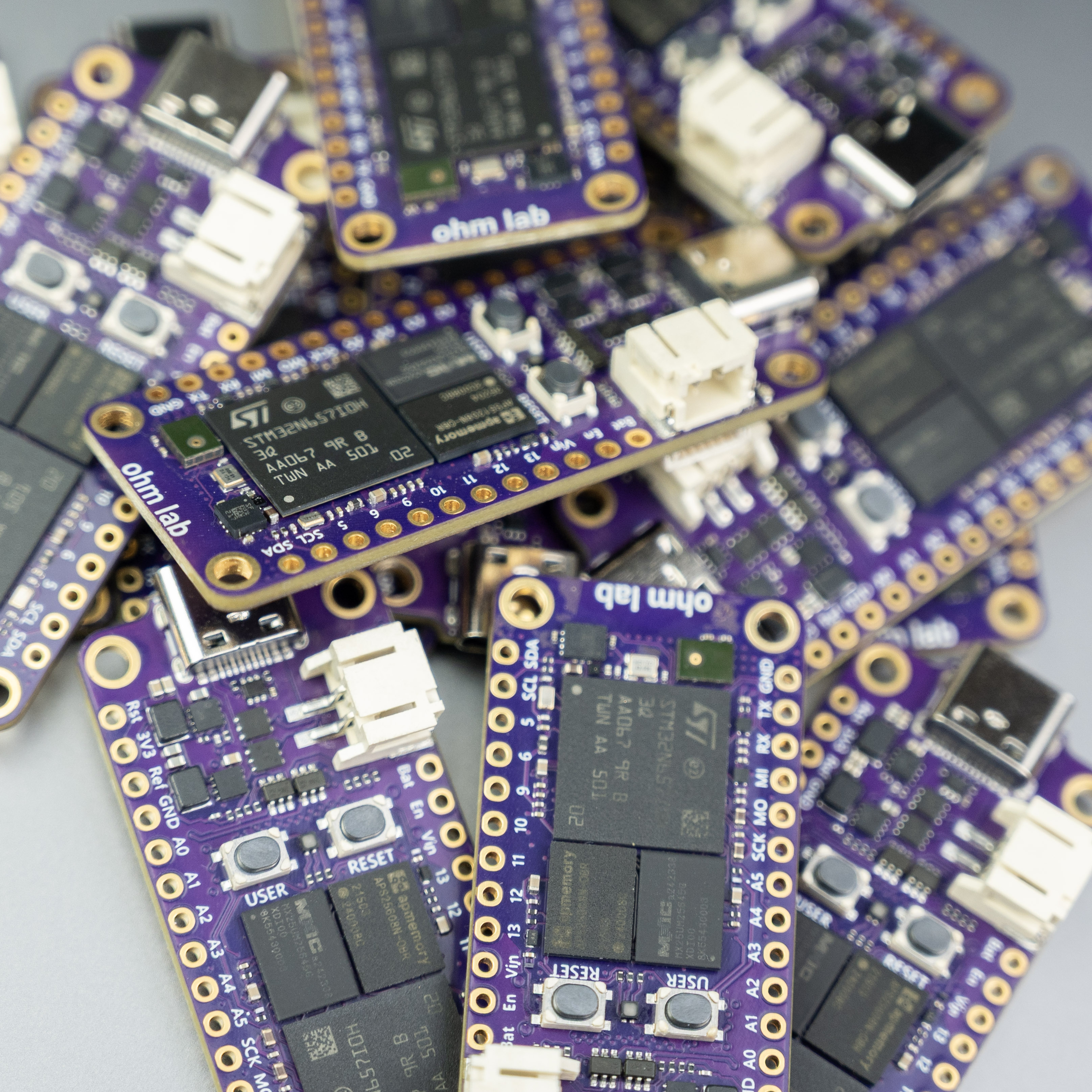 A batch of assembled Neuro N6 STM32N6 boards from OhmLab