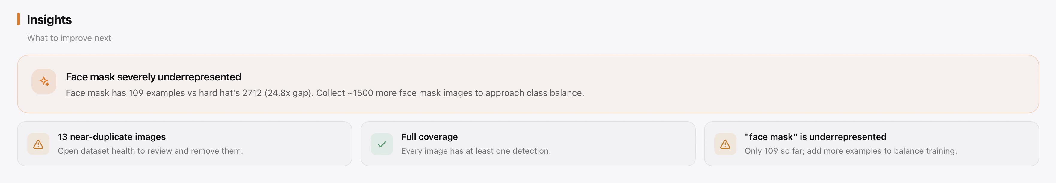 PixelKit Insights panel recommending to add more face mask images to improve class balance