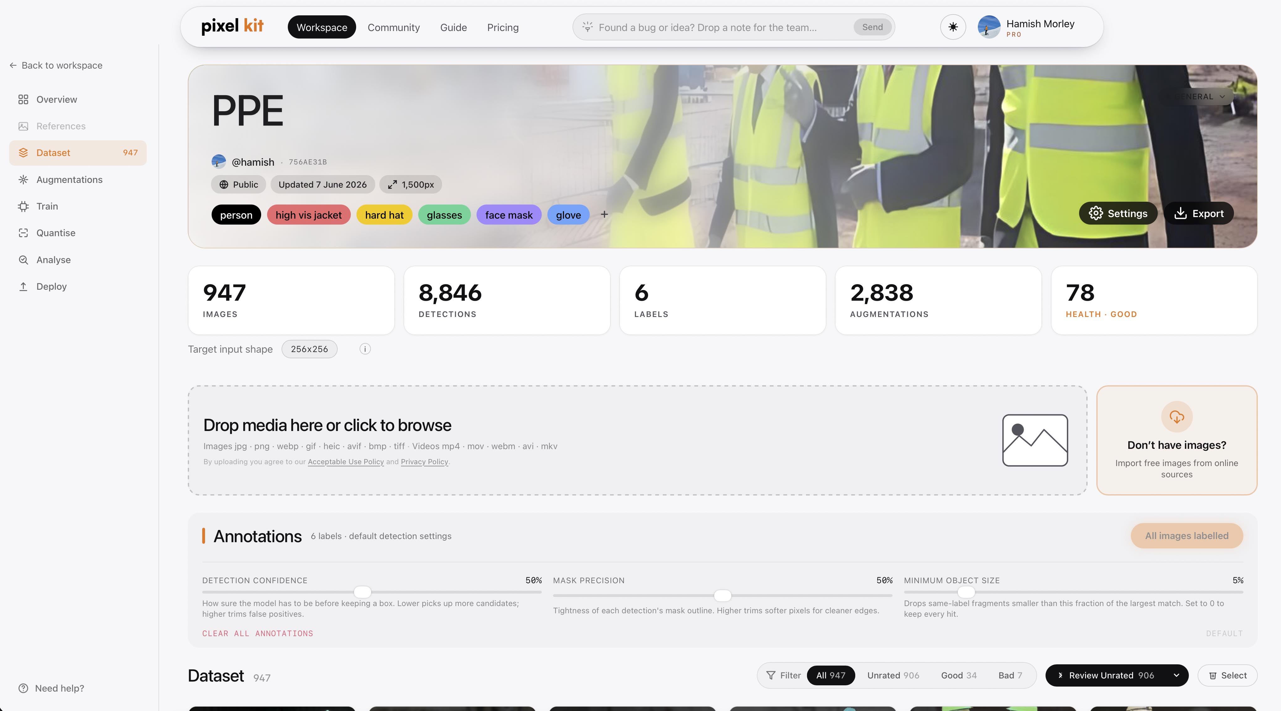 PixelKit dataset overview showing 947 images, 8,846 detections across 6 labels
