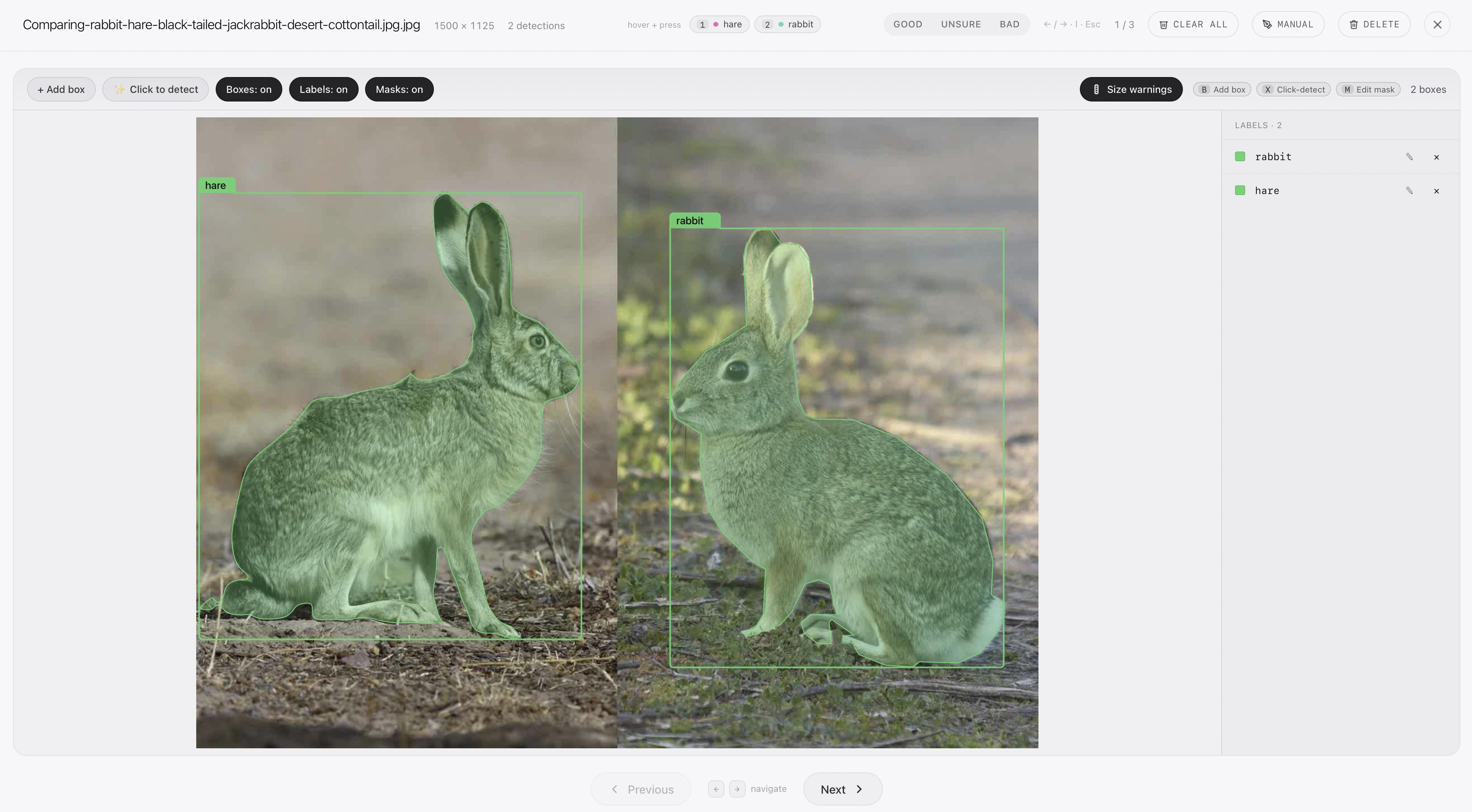 PixelKit distinguishing between a hare and a rabbit in the same image
