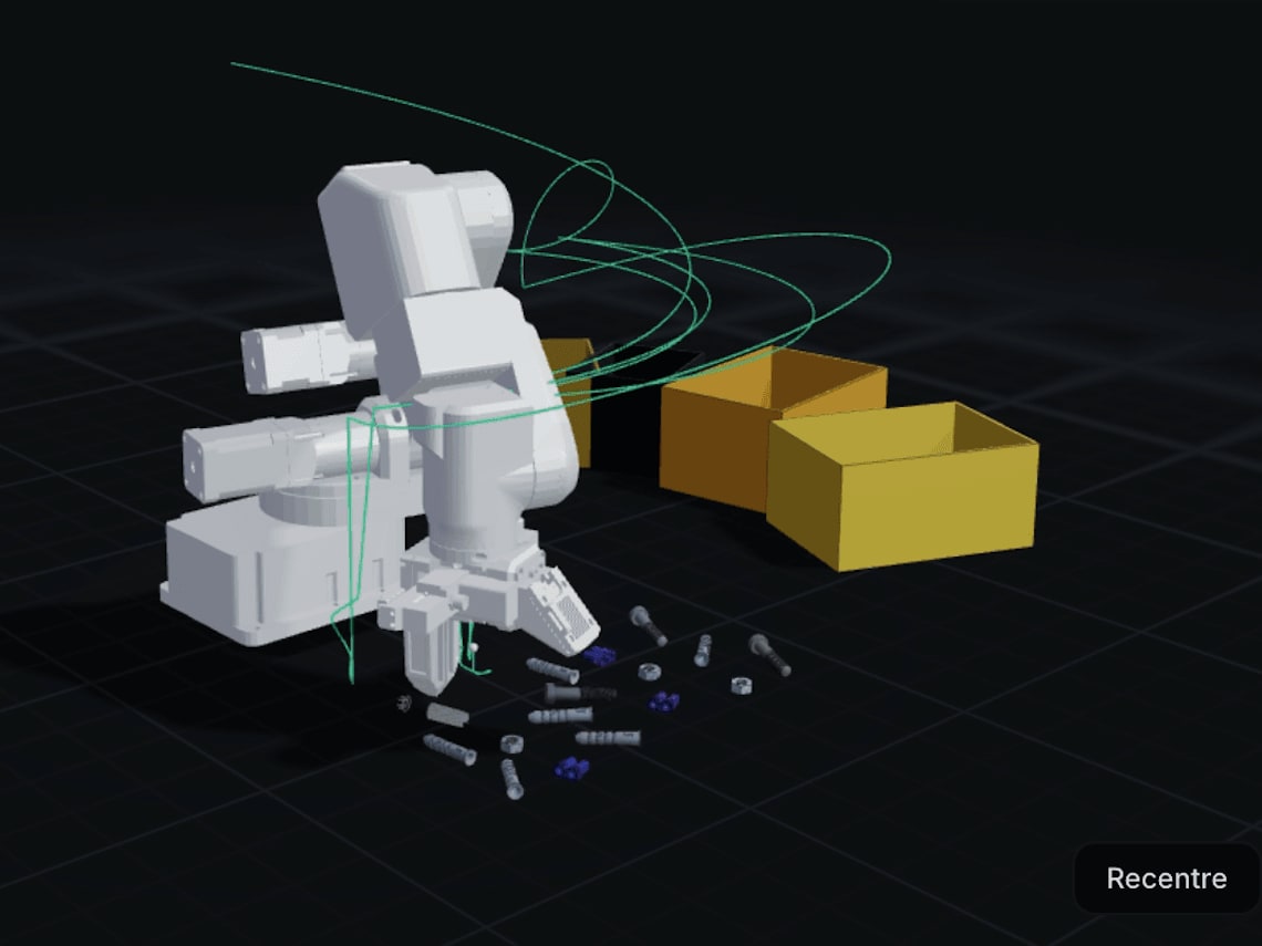 Ohm Lab Studio running a pick in the digital twin: the arm over the loose parts along its planned paths, beside the sorting bins