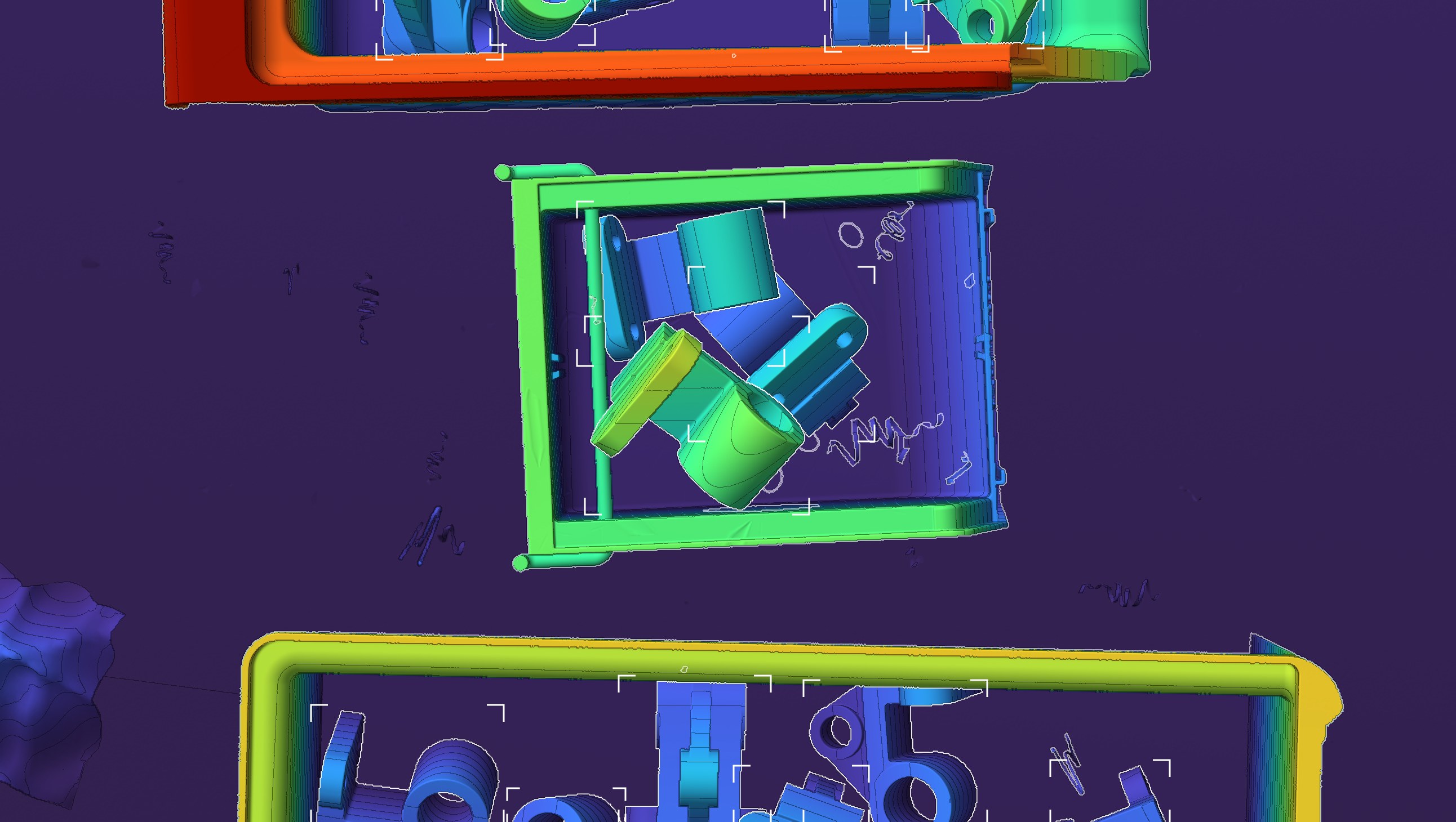 Depth map of the same scene, coloured from far (indigo) to near (red), with depth contours and each part outlined