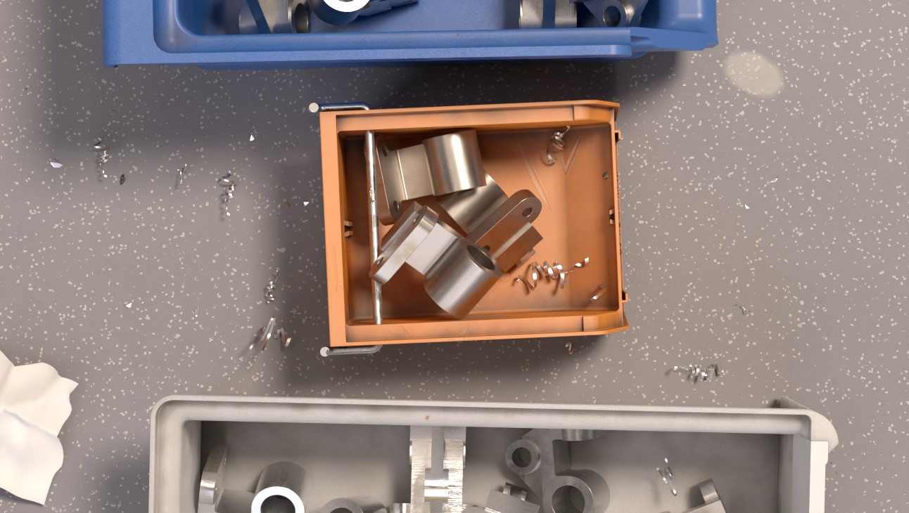 Synthetic render of machined brackets in a parts bin, generated from CAD