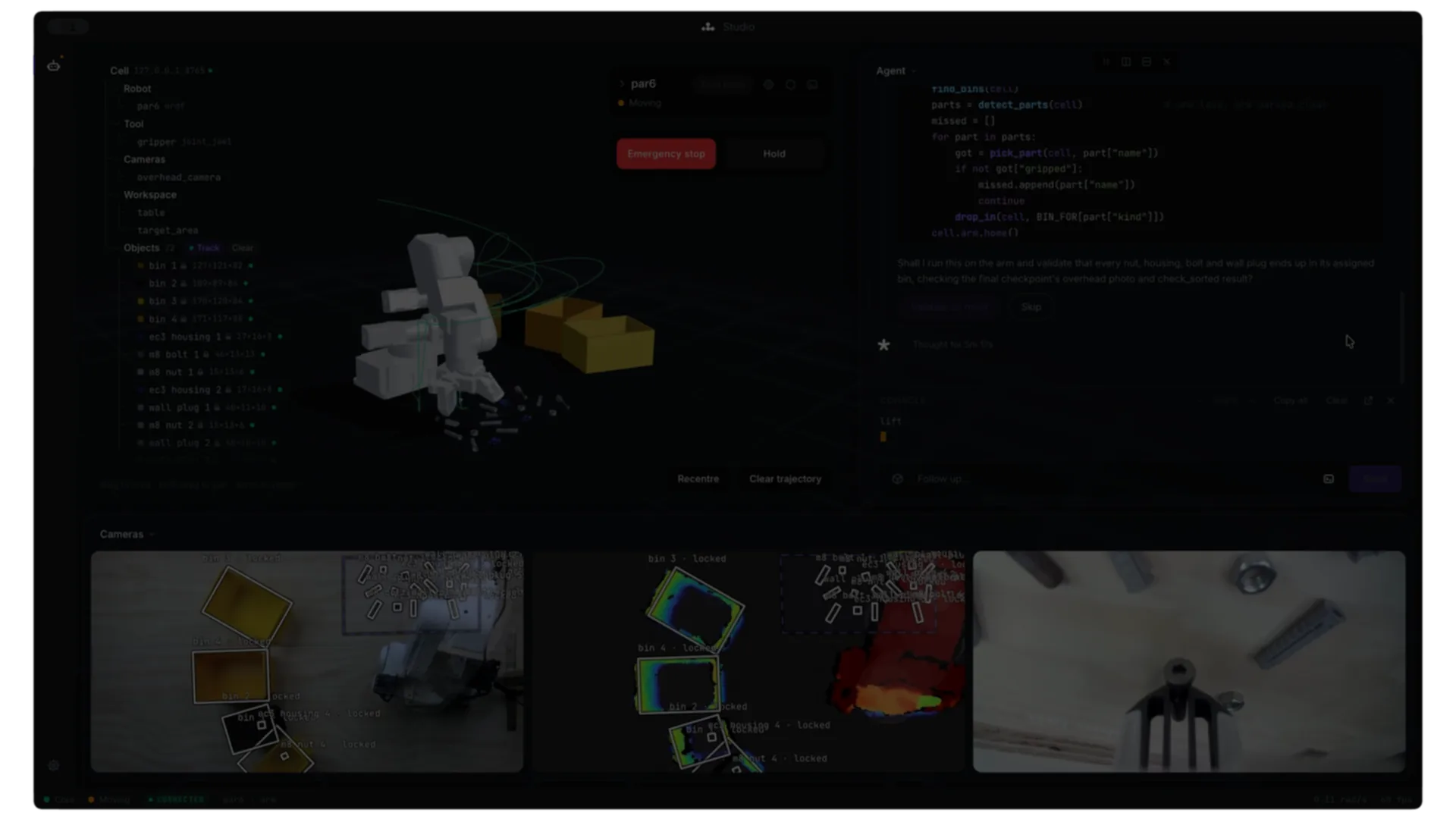 Ohm Lab Studio: the cell model, a live digital twin of the arm, camera feeds with detected parts, and the agent panel